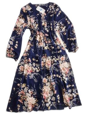 Joyous Navy Floral Long Sleeve Midi Dress Size M NWT